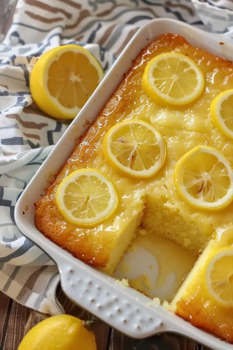 Lemon Cake to Die For Paula Deen Lemon Cake, Lemon Cloud Cake, Lemon Glaze For Cake, Lemon Cake To Die For, Lemon Cake Mix Recipes, Sliced Cake, Lemon Sweets, Lemon Pudding Cake, Lemon Cake Recipe