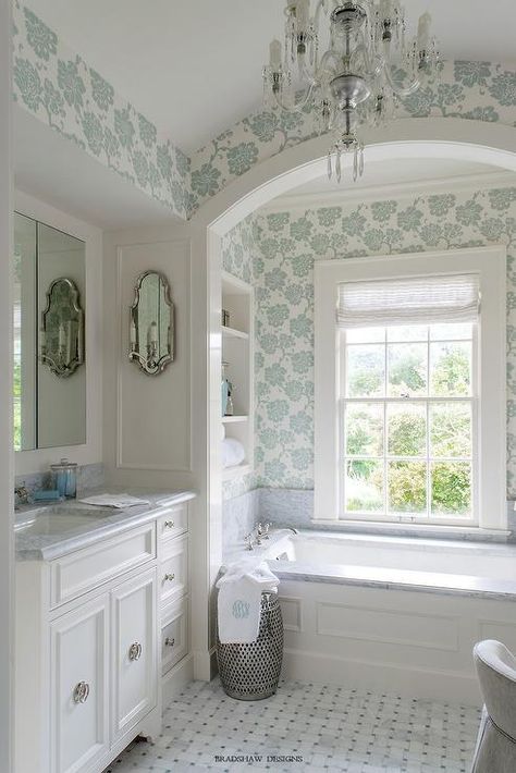 Tub Alcove, Bathtub Alcove, Neutral Bathroom Decor, Blue And White Wallpaper, Timeless Bathroom, Transitional Bathroom, Chic Bathrooms, Dream Bathrooms, Blue Bathroom