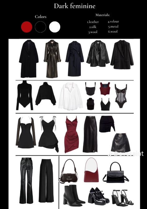 Red And Black Capsule Wardrobe, Avant Garde Capsule Wardrobe, Dark Feminine Essentials, Dark Feminine Clothing Aesthetic, Dark Feminine Wardrobe Essentials, Classy Grunge Aesthetic, Luxury Gothic Outfit, Winter Outfits Dark Feminine, Dark Feminine Work Outfits