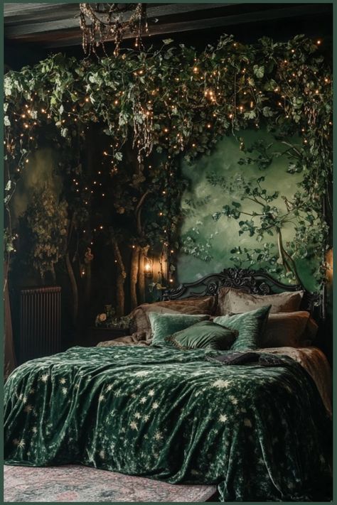 Bring the mystery of an enchanted forest into your gothic bedroom with nature-inspired decor. Forest Goth Bedroom, Purple Forest Bedroom, Enchanted Forest Interior Design, Forest Academia Room, Fantasy Forest Decor, Fantasy Cottage Bedroom, Dark Dreamy Bedroom, Forrest Bedroom Adult, Dark Enchanted Forest Bedroom