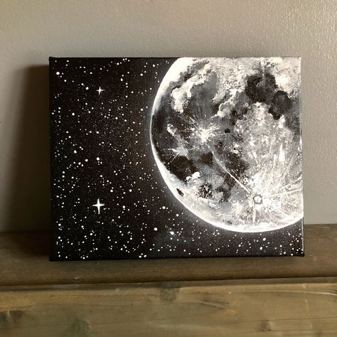 Excited to share this item from my #etsy shop: Moon and Stars Acrylic Painting • Home Accents • Cosmic Home Decor • Black and white painting gray • Wall Decor • Made to Order #moonpainting #starspainting #cosmicpainting #paintingofmoon #paintingofstars Black And White Galaxy Painting, Painting Ideas In Black Canvas, Black Painting On Canvas, Room Decoration Drawing, Gray Room Decor Ideas, Moon Space Painting, Black Canvas Moon Painting, Moon Art Acrylic, Black And Gray Painting Canvas