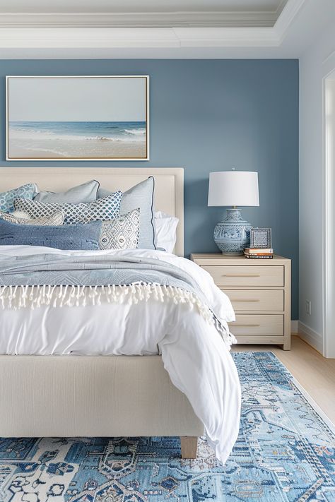 Coastal Bedroom: Relaxed and Breezy Vibes - Quiet Minimal Seaside Apartment Decor, Beach House Master Room, Bedroom Pallet Ideas Colour Schemes, Coastal Bedroom Feature Wall, Beach Blue Bedroom, Blue Painted Walls Bedroom, Coastal Blue Accent Wall, Room Theme Ideas Bedrooms, Beachhouse Bedrooms Aesthetic