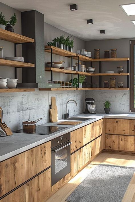 Simple Open Shelving Kitchen, Kitchen Cabinets With Upper Shelves, Kitchen No Cabinets Ideas, Cabinetless Kitchen Ideas, Kitchen Design With Open Shelves, Kitchen With Open Cabinets, Open Concept Cabinets, No Cupboard Kitchen, Open Kitchen Shelves And Cabinets