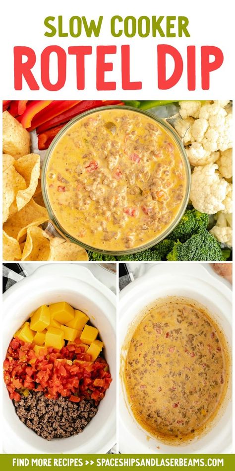 Slow Cooker Rotel Dip Gameday Dip Recipes, Easy Crockpot Recipes Dips, Nacho Dip With Ground Beef Crock Pot, Tailgate Potluck Ideas, Dips To Make In Crockpot, Hamburger Dip Crockpot, Football Saturday Food, Rotel Dip With Ground Beef Crockpot, Game Day Food Crockpot