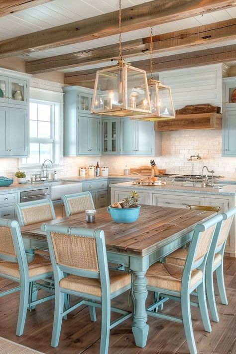 "Bring the beach to your home with Coastal Kitchen Designs! 🌴🌊 Incorporate light colors, natural textures, and nautical accents for a refreshing and breezy kitchen. Create a coastal retreat where you can cook and relax with ease! 🐚🏝️ #CoastalDecor #KitchenDesign #BeachStyle" Beach Cottage Kitchens Coastal Style, Kitchen Coastal Style, Beach Cottage Kitchens, Beach Cottage Ideas, Lakehouse Kitchen, Coastal Kitchen Design, Coastal Kitchen Decor, Deco Marine, Colorful Kitchen Decor