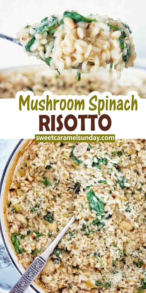 Spoon holding risotto over large white pan of the same with text written between 2 images. Rissoto Recipes Vegetable, Risotto Recipes Vegetarian, Perfect Risotto, Vegetable Risotto Recipes, Vegan Rice Dishes, Mushroom Rice Recipes, Vegetarian Risotto, Spinach Risotto, Risotto Recipes Easy