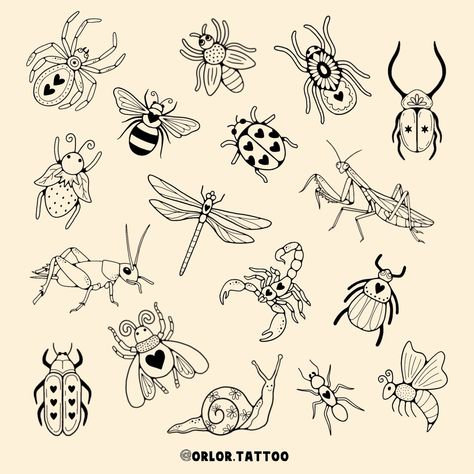 bug flash 🐜🕷️🐞🪲 I’ve decided to do two separate bug flash sheets as I had too many ideas and then you lovely lot gave me loads more ideas when I asked on my stories 😅 so keep your eyes pealed for the second sheet soon to come too! all available for handpoke, in black or colour. swipe along for colour samples! message or use my booking form to enquire. I always do deals when you book more than one design in a session. weekends and evenings available too :) @harmlesstattoo Braintree, Essex ... Small Doodle Tattoo Ideas, Cute Bug Tattoos For Women, Ladybug With Hearts Tattoo, Bug Flash Tattoo, Fall Tattoo Flash, Cute Bug Tattoo, Tattoo Flash Sheet Ideas, Bug Tattoos For Women, Bug Doodles