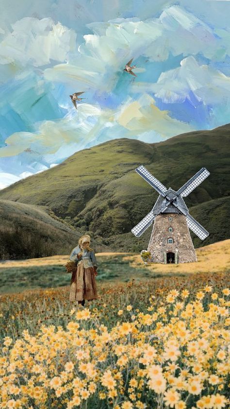 #field #country #farm #wallpaper #flowers #flowerfield #woman #wind #windmill Windmill Aesthetic, Windmill Wallpaper, Farm Wallpaper, Wallpaper Flowers, Country Farm, Flower Field, Textile Art, Flowers, Art