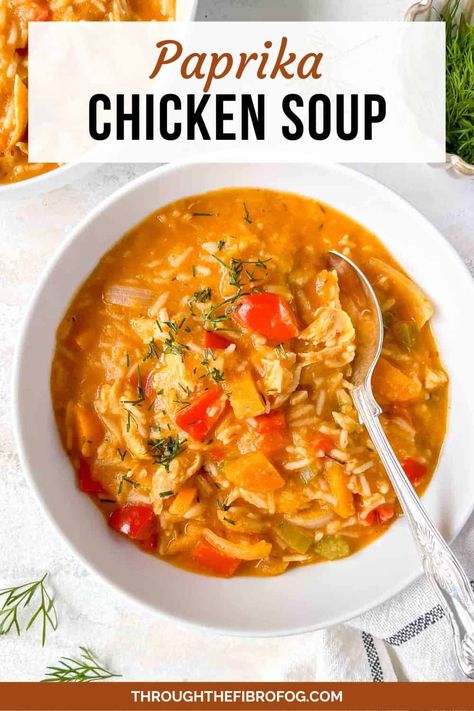 Easy Paprika Chicken Soup Paprika Soup Recipe, Chicken Paprika Soup, Crock Pot Paprika Chicken, Dinner With Shredded Chicken, Chicken Paprikash Soup, Low Fat Soup Recipes, Shredded Chicken Rice, Hungarian Paprika Soup, Paprika Soup