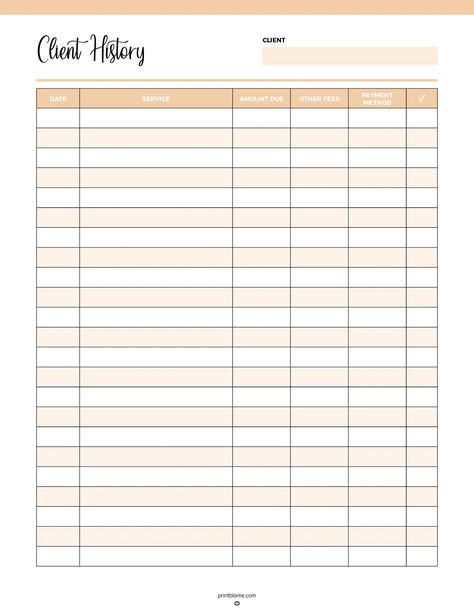 Client payment history tracker with columns for date, service, amount due, other fees, payment method, and a checkbox for payment confirmation. Small Business Tracking Forms, Client Payment Tracker, Record Keeping For Small Business, Client List Template, Raffle Ideas For Small Business, Payment Tracker Printables Free, Spreadsheet Template Business, Small Business Tracker, Business Spreadsheets