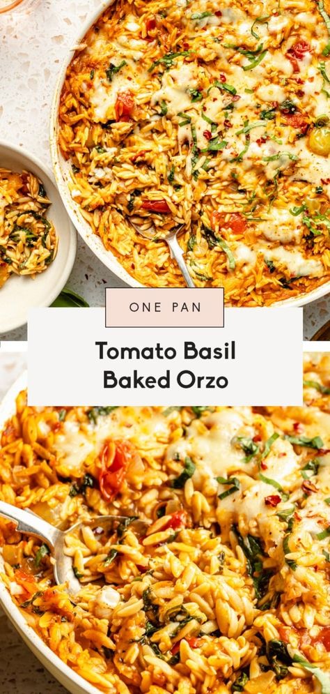 Cozy one pan tomato basil baked orzo made with gorgeous burst cherry tomatoes, basil pesto, and layers of mozzarella cheese. This easy baked orzo recipe is wonderful on its own and delicious with your fav proteins mixed right in. Kid-friendly and perfect for busy weeknights! Baked Feta Veggie Pasta, Orzo Recipes Low Calorie, Recipes With Tomato Pesto, Healthy Cherry Tomato Recipes, Vegetable And Ricotta Baked Orzo, Tomato Orzo Recipes, Baked Orzo Recipes, Vegetarian Orzo Recipes, Recipes Using Tomato Sauce