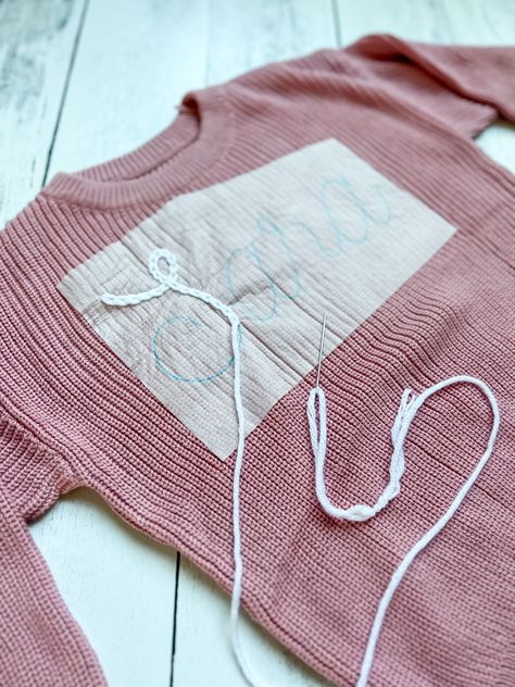 Embroidery With Yarn Stitches, Embroidery On Knit Blanket, Diy Chunky Embroidered Sweater, Hand Stitch Monogram, Name Stitched Sweater, Knit Embroidery Sweater Name, Chunky Hand Embroidery, Diy Yarn Embroidery, How To Embroider Chunky Sweater