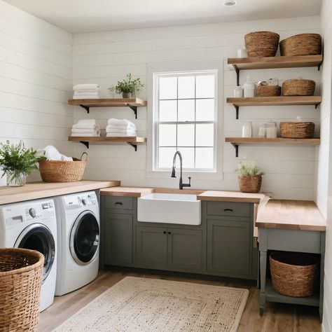 ⚠️LINK IN BIO⚠️ A functional modern farmhouse laundry room with shiplap walls, open shelving, and a farmhouse sink, combining practicality and style. #LaundryRoom #ModernFarmhouse #ShiplapWalls #OpenShelving #FarmhouseSink Laundry Room With Shiplap Walls, Modern Farmhouse Laundry, Cottage Laundry Room, Farmhouse Laundry Room Ideas, Modern Farmhouse Laundry Room, House Laundry Room, Modern Farmhouse Interior Design, Country Laundry Rooms, Small Laundry Room Makeover