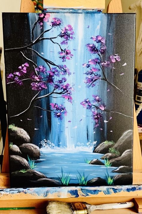 Waterfall Canvas Painting Easy, Canvas Painting Ideas Waterfall, Purple Forest Painting, Painting Ideas On Canvas Waterfall, Simple Waterfall Painting, Landscape Paintings Waterfall, Waterfalls Acrylic Painting, Water Fall Painting Easy, Waterfall Paintings Easy