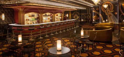 “The strongest influence for me was the bar that you see The Shining,” the designer says. “We wanted to reflect the relationship that Jack Nicholson has with the barman.” Dyas also gave a nod to the Kubrick film with the David Hicks–inspired carpet. Passengers Movie, Overlook Hotel Carpet, Sci Fi Wall, Hotel Carpet, Overlook Hotel, Art Deco Bar, Movie Set, Art Deco Buildings, Lighting Concepts