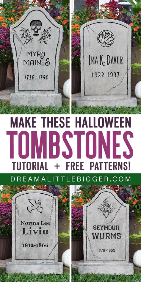 Diy Tombstone, Halloween Tombstones Diy, Halloween Headstone, Tombstone Diy, Halloween Gravestones, Dekorasi Halloween, Scary Halloween Decorations Diy, Halloween Diy Outdoor, Halloween Outside