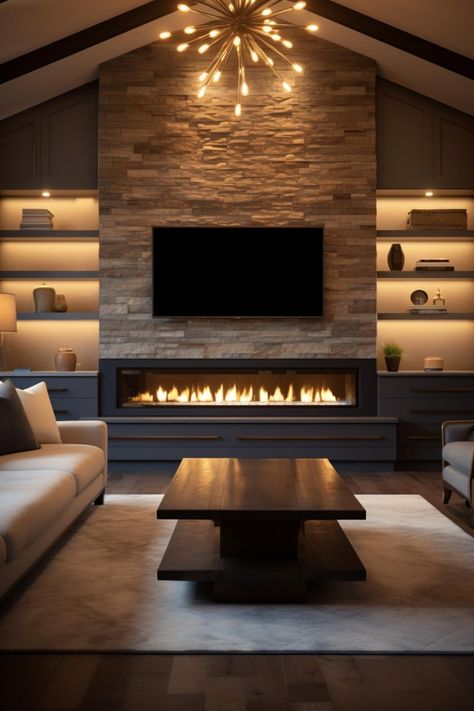 30 Ways To Decorate Your Fireplace With Built-Ins on Each Side Wide Gas Fireplace, Stone On Fireplace Wall, Fireplace With Two Windows, Fireplace In The Living Room, Family Room With Electric Fireplace, Modern Electric Fireplace Ideas With Tv Built Ins, Fireplace In Wall Between Rooms, Great Room Ideas With Fireplace, Low Mounted Tv Over Fireplace