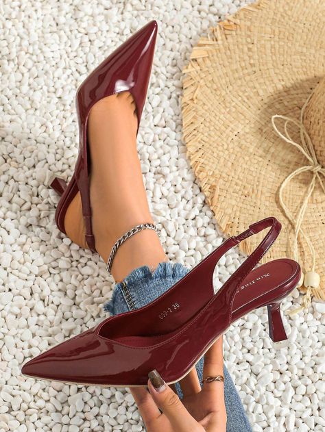 Trendy And Fashionable High Heels Women's Shoes Lady's Single Shoes With Hollow-Out Back | SHEIN USA Thigh High Sock Boots, Autumn Shoes Women, Pretty Heels, Burgundy Heels, Trendy Heels, Shoes Heels Classy, Burgundy Shoes, Heels Classy, Fancy Shoes