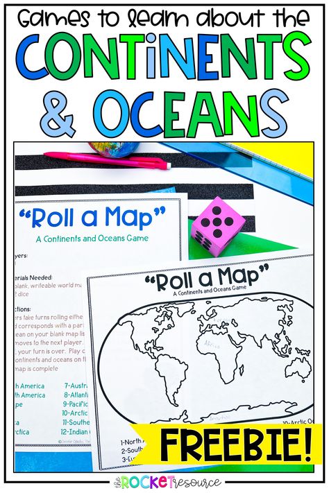 Your students will love learning about geography with these fun continents and oceans games! Learn the oceans and continents while having fun! Easy to make and practice identifying the continents and oceans. A free game is even included! 1st Grade Continents And Oceans, Geography 1st Grade, Continents Preschool Activities, Kindergarten Geography Activities, Oceans And Continents Activities, Continents Activities For Kids, Continents And Oceans Printables Free, Geography Activities For Kids, Continent Activities For Kids