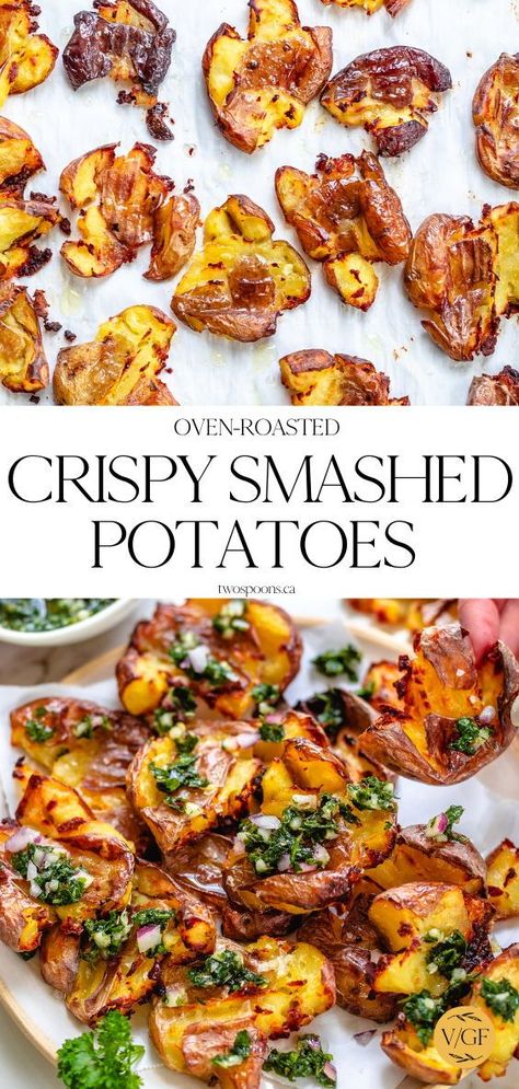 New Potato Side Dishes, Potatoes Smashed Roasted, Vegan Crispy Potatoes, Crispy Baked Vegetables, Crispy Potato Side Dishes, Smashed Oven Roasted Potatoes, Crispy New Potatoes, Crispy Smash Potatoes, Potato Dishes Vegan