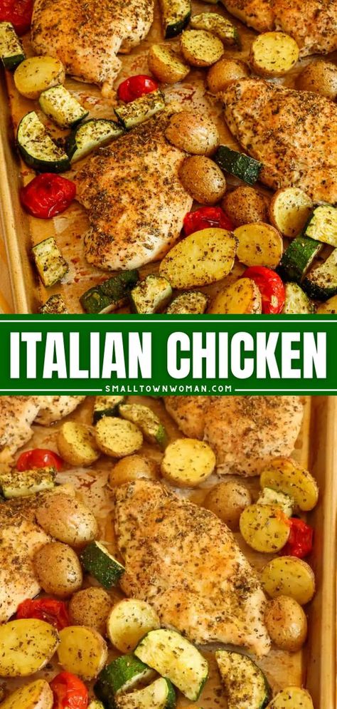 Your family will love this meat main dish! It's an easy dinner idea on a sheet pan. Baked with fresh vegetables, these Italian chicken breasts are delicious! Try this chicken recipe for dinner! Italian Herb Chicken, Chicken Recipe For Dinner, Pan Chicken Breast, Sheet Pan Meals Chicken, Sheet Pan Dinners Chicken, Recipe For Dinner, Easy Sheet Pan Dinners, Chicken And Veggies, Sheet Pan Suppers