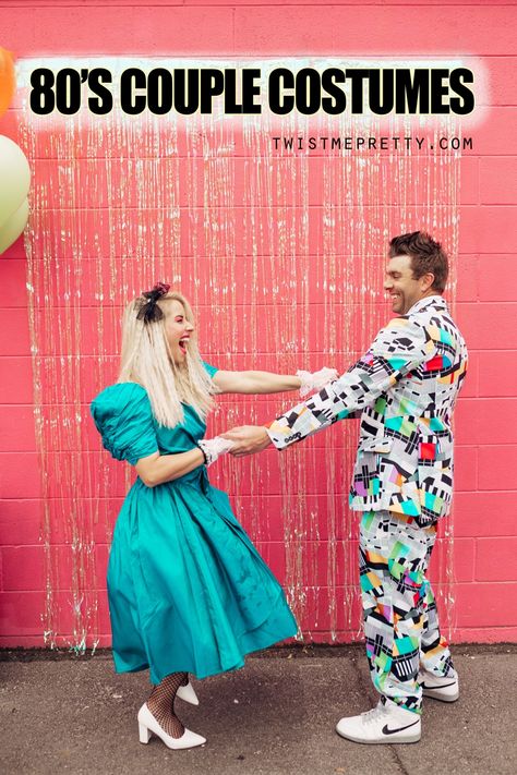 Couple Costumes for Halloween!! - Twist Me Pretty 80s Couple Costume, 80s Couples, 80s Couple, Couple Costumes For Halloween, Halloween 80s, Funny Couple Costumes, 80s Party Outfits, Funny Couple Halloween Costumes, Costumes For Halloween