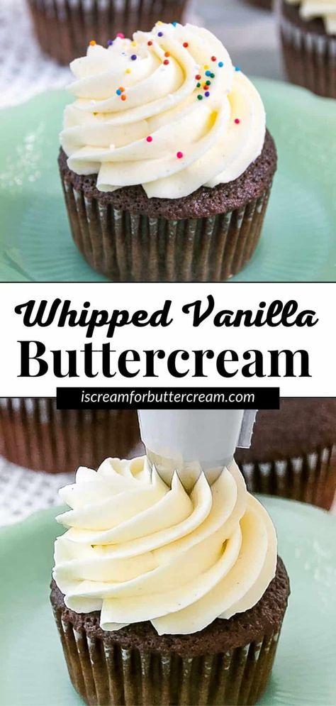 This whipped vanilla American buttercream frosting is a light and fluffy twist on traditional American buttercream and is ideal for topping cakes or cupcakes or to use as a filling. Best Homemade Frosting For Cupcakes, Pipeable Buttercream Frosting, Celestial Cupcakes, Buttercream For Piping, Whipped Icing Recipes, Vanilla Frosting For Cupcakes, Whipped Vanilla Frosting, Buttercream Frosting Recipe Easy, Cupcake Icing Recipe