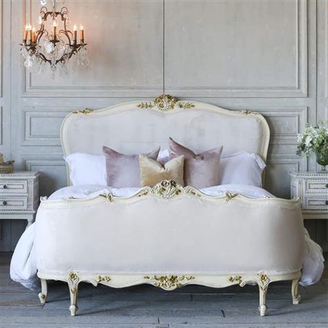 Eloquence French Country Style Vintage Bed with Velvet | Kathy Kuo Home Vintage French Bedroom, Masculine Bedroom Decor, Country Bedroom Furniture, Beautiful Bed Designs, French Furniture Bedroom, French Style Bedroom, French Bedroom, Bed Design Modern, French Style Furniture