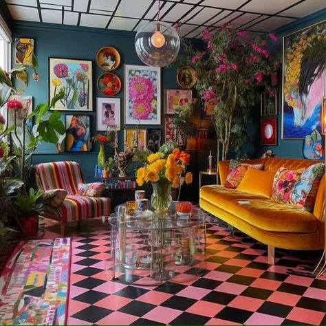 Hot Pink Maximalist Room, Maximalist Decor Basement, Yellow Maximalist Room, Colorful Maximalist Interior Design, Color Maximalist Decor, Colourful Maximalist Decor, Whimsical Maximalist Decor, Colourful Eclectic Interiors, Southwestern Maximalist