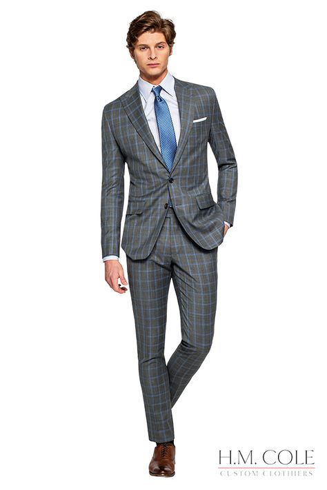 Gray with blue plaid custom suit. Subtle enough to wear to work, stylish enough to not be boring. Custom Suits Men, Wedding Suits For Men, Groom Fashion, Suit Styles, Suit Blue, Custom Suits, Plaid Suit, Fashion Suits, Custom Suit