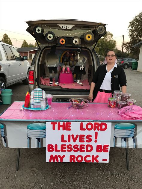 50s Theme Trunk Or Treat, Rock And Roll Trunk Or Treat, Trunk Or Treat 50s Theme, 50s Trunk Or Treat Ideas, Grease Trunk Or Treat Theme, Church Trunk Or Treat Ideas, Church Trunk, Trunker Treat Ideas, Church Humor