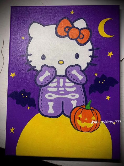 Halloween Painting Hello Kitty, Cute Fall Paintings Aesthetic, Pennywise Painting Easy, Easy Painting Ideas Disney, Painting Ideas Halloween Canvas, Fall Halloween Canvas Painting, Begginer Art Ideas, Cute Spooky Painting Ideas, Cute Halloween Things To Paint