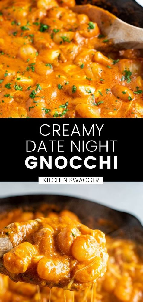 This simple gnocchi recipe takes only about 25 minutes to pull together, but it's totally date-night worthy! A fancy, hearty weeknight tested dinner that features a creamy red sauce that is really cheesy and delicious. I use a basic marinara sauce with added light cream, Parmesan cheese, garlic, fresh basil, white wine, and fresh mozzarella cheese to really up the ante. Date Night Gnocchi, Gnocchi And Vodka Sauce, Gnocchi Recipes Pasta, Gnocchi Vodka Sauce Recipes, Marinara Gnocchi Recipes, Vodka Sauce Gnocchi, Fun And Easy Dinner Recipes, Creamy Cheesy Gnocchi Recipes, Easy Gnocchi Sauce Recipes