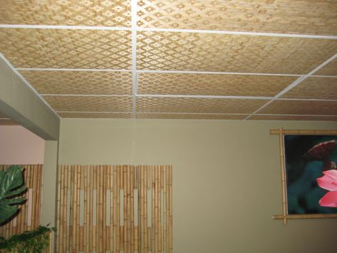 Woven Thatch Ceilings | Bamboo Matting for Ceiling Tiles Install Drop Ceiling, Decorative Drop Ceiling Tiles, Repair Ceilings, Ceiling Texture Types, Brown Ceiling, Covering Popcorn Ceiling, Ceiling Covering, Bamboo Plywood, Acoustic Ceiling Tiles