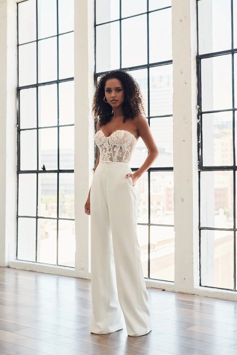 Shop Bridal Dresses at Luv Bridal, Phoenix Wedding Dress Jumpsuit, Bride Jumpsuit, Edgy Bridal, Bridal Showroom, Madi Lane, Women Suits Wedding, Bride Dress Simple, Bridal Shower Outfit, Mini Bow