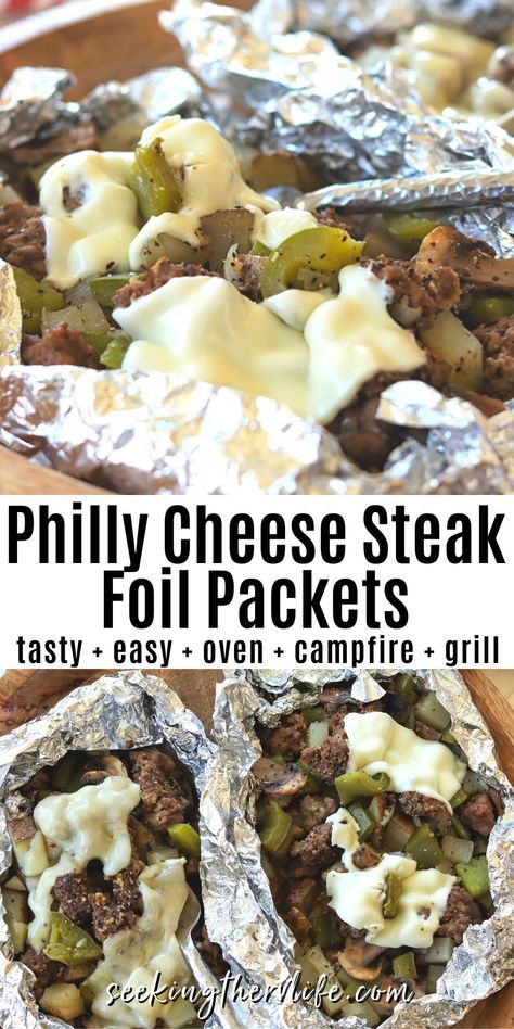 Foil Packs In The Oven, Philly Cheese Steak Foil Packet, Steak Foil Packets, Hobo Packets, Campfire Dinner Recipes, Easy Camping Food Ideas, Recipe With Potatoes, Tin Foil Dinners, Steak Dinner Recipes