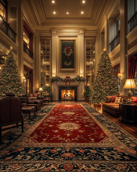 Merry Christmas | A hotel lobby with a warm fireplace and the hotel room 🎄🎄 * * * * * * This image belongs to me. Please credit me for reposting… | Instagram Christmas Mansion Interior, Rich Christmas Decor, Christmas Hotel Room, Christmas Hotel Decorations, Christmas Hotel Lobby, Plaza Hotel Christmas, Christmas House Interior, Hotel Christmas Decorations, Hotel Christmas Decor