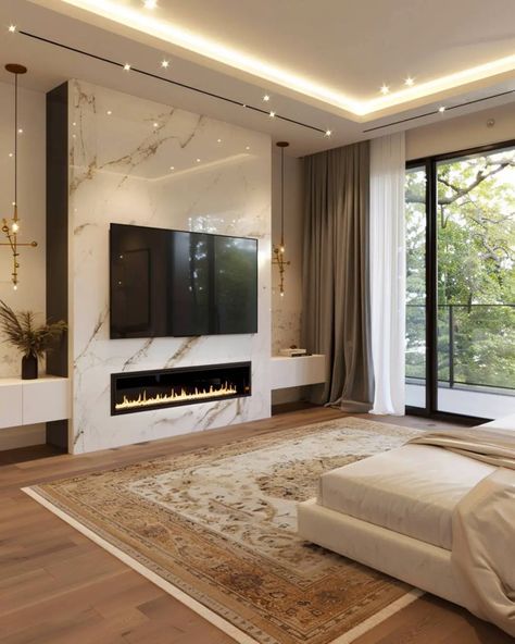 42 Bedroom Fireplace Decor with TV Ideas - Home Soils Fireplace Wall Ideas With Tv And Windows, Bedroom Linear Fireplace, Standalone Fireplace Living Rooms, Fireplace With Two Windows, Tile Tv Wall Ideas, Fireplace In Wall Between Rooms, Tv Wall With Fireplace Ideas, Digital Fireplace Living Rooms, Fireplace In Master Suite