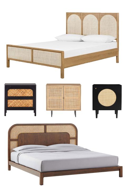 Round up of the best cane furniture for your bedroom - caned headboard and nightstands with caned drawers. Caned Furniture, Hipster Home Decor, Hipster Home, Cane Dining Chairs, Vintage Bathroom Decor, Cane Furniture, Table Decor Living Room, Home Design Living Room, Bedroom Headboard