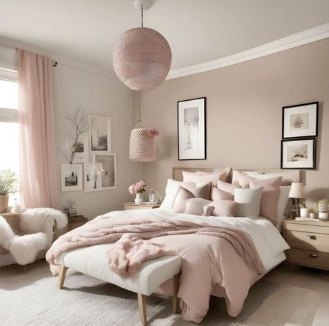 Greige And Pink Bedroom, Pink Grey And Beige Bedroom, Dusty Rose And White Bedroom, Neutral Room With Pink Accents, Modern Pastel Living Room, Pink And Wood Bedroom, Female Bedroom Ideas Classy, Room Decore Idea, Neutral Pink Bedroom