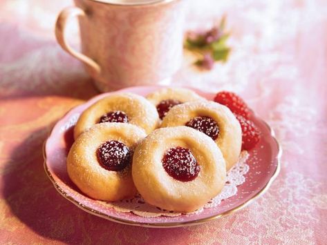 Get Easy Linzer Thumbprints Recipe from Food Network Austrian Desserts, Raspberry Thumbprint, Raspberry Thumbprint Cookies, Crisco Recipes, Raspberry Almond, American Dishes, Thumbprint Cookies, Almond Cookies, Delicious Meals