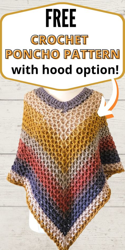 This free crochet poncho hooded pattern comes in multiple sizes starting from Woman's size Small to plus sizes up to 5XL. The free poncho pattern for women has a beautiful texture that is easy to work. It has a V-neck crochet poncho option too. Crochet Top Down Poncho Free Pattern, Free Patterns For Crochet Shawls, Crochet Poncho Shawl Pattern Free, Crochet Clothes Plus Size Free Pattern, Crochet Cape Pattern Free Hooded Cloak, Crochet Hooded Cloak Pattern, Crochet Cowl Neck Poncho, Crochet Asymmetrical Poncho, Crochet Turtleneck Poncho Pattern Free