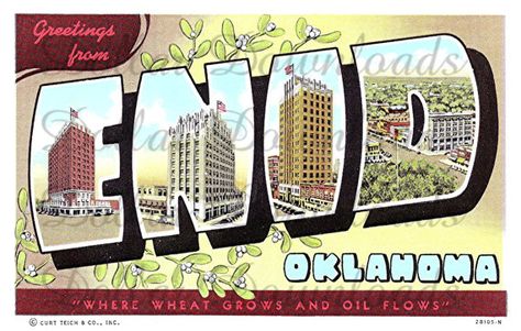 Greetings From Enid Oklahoma Large Letter Postcard Digital Image Download No. 15138 on Etsy, $1.00 Enid Oklahoma, Oklahoma Art, Oklahoma Travel, Travel Ads, Large Letters, Photo Postcards, Vintage Postcard, Post Cards, Travel Poster