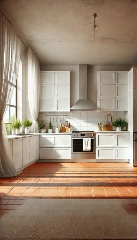 15+ Beautiful Colors to Pair with Terracotta Floor Tiles Instantly 37 Terracotta Kitchen Floor White Cabinets, White Kitchen Terracotta Floor, Cotto Tile Floor, Kitchen Floor White Cabinets, Laundry Room Brick Floor, Flooring Transition Ideas Open Concept, Terra Cotta Floor Kitchen, Terracotta Floor Living Room, Terracotta Floor Kitchen