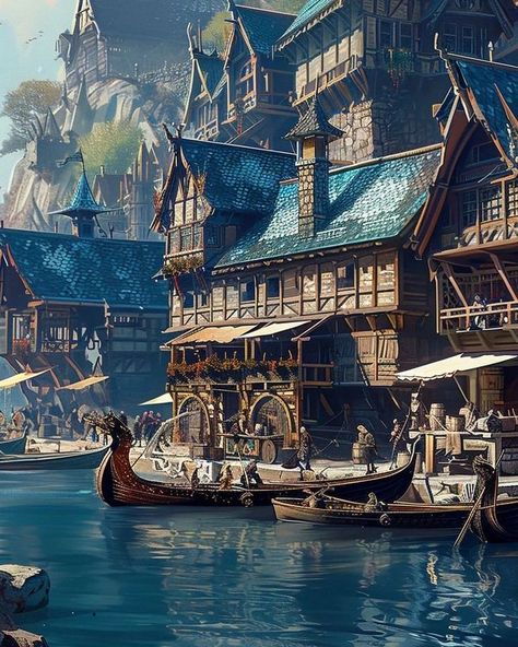 Coastal Fantasy Town, Fantasy Fishing Town, Town Fantasy Art, Fantasy Town Concept Art, Medieval Apocalypse, Fantasy Boat, Fishing Town, Fantasy Words, Fantasy Town