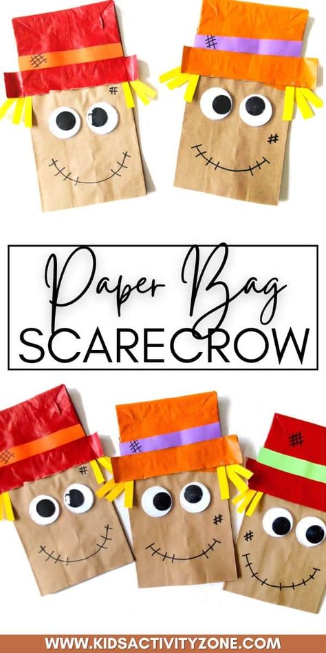 Create a Paper Bag Scarecrow for an easy fall craft! This cute and adorable scarecrow craft is made with a paper bag, paint and few extra supplies. It's an easy kids craft for fall! Scarecrow Bag Craft, Paperbag Scarecrow Crafts For Kids, Brown Paper Bag Scarecrow Craft, Scare Crow Craft For Preschoolers, Christmas Crafts With Paper Bags, Scarecrow Projects Preschool, Fall Crafts For Classroom, Thanksgiving Paper Bag Crafts, Paper Bag Scarecrow Craft For Kids