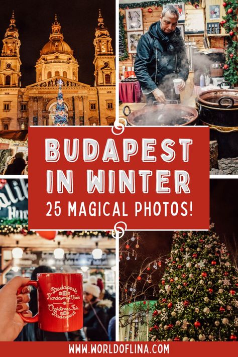 Budapest in winter is truly magical. When the smell of mulled wine is in the air and the streets are decorated with shiny Christmas lights. It’s an experience you shouldn’t miss so here are 25 photos to inspire you to book a trip to Budapest in winter! #budapest #budapesthungary #budapesttravel #hungary Budapest Hungary Christmas Market, Budapest At Christmas, Budimpesta Christmas, Advent Budapest, Winter In Budapest, Christmas In Budapest, Budapest Christmas Photos, Budapest Hungary Winter, Budapest Hungary Christmas