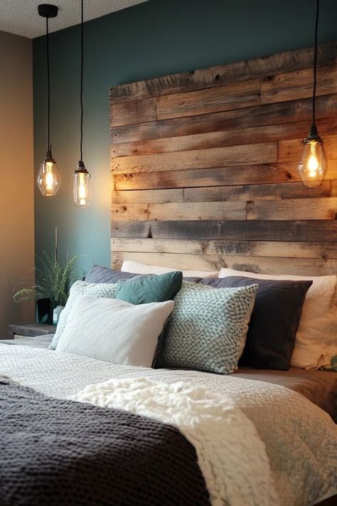 "Add rustic charm to your bedroom with a DIY Pallet Wood Headboard! 🛠️🛏️ This project is perfect for creating a unique and budget-friendly focal point. 🌟✨ #DIYHomeDecor #PalletProjects #RusticStyle" Barnwood Headboard With Lights, Pallet Wood Wall Bedroom, Pallet Wall Bedroom Ideas, Pallet Bedroom Wall, Handmade Headboards Wood, Scrap Wood Headboard, Diy Rustic Headboard Ideas, Diy Wood Pallet Projects Easy, Rustic Bedroom Accent Wall