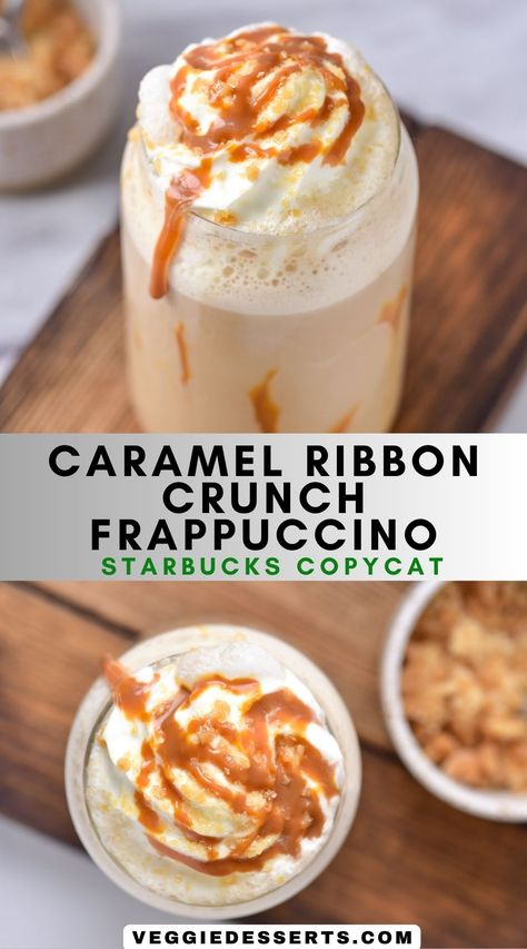 Glasses of Caramel Ribbon Crunch Frappuccino - Starbucks Copycat, on a wooden board. Starbucks Recipes Caramel Frappuccino, Salted Carmel Frappe Starbucks, Starbucks Caramel Frappe Recipe, Caramel Ribbon Crunch Frappe Recipe Starbucks, Frozen Caramel Coffee Recipe, Diy Starbucks Caramel Ribbon Crunch, Homemade Blended Coffee, Homemade Caramel Frappuccino, How To Make Starbucks Caramel Ribbon Crunch