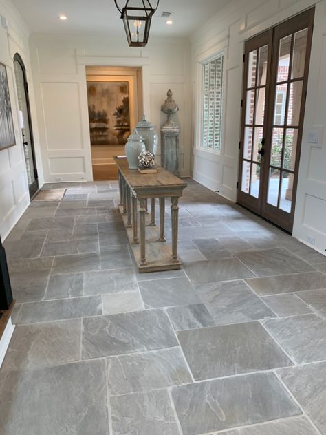 Mudroom Tile Floor Ideas Rustic, Honed Tile Floor, Stone Floor Sunroom, Stone Foyer Flooring, Tile Floor Ideas Entryway, Pavers Kitchen Floor, Rustic Tile Floor Living Room, Entry Way Tile Floor Mosaic, Light Slate Tile Floor